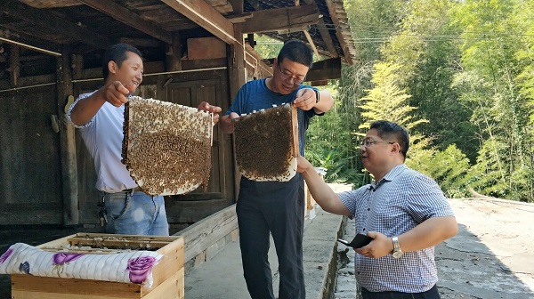 8 第二任“尖刀班”班长谭波（中）和鄂西监狱驻村负责人杨录成（右）在小河村民家中了解蜜蜂喂养情况。.jpg